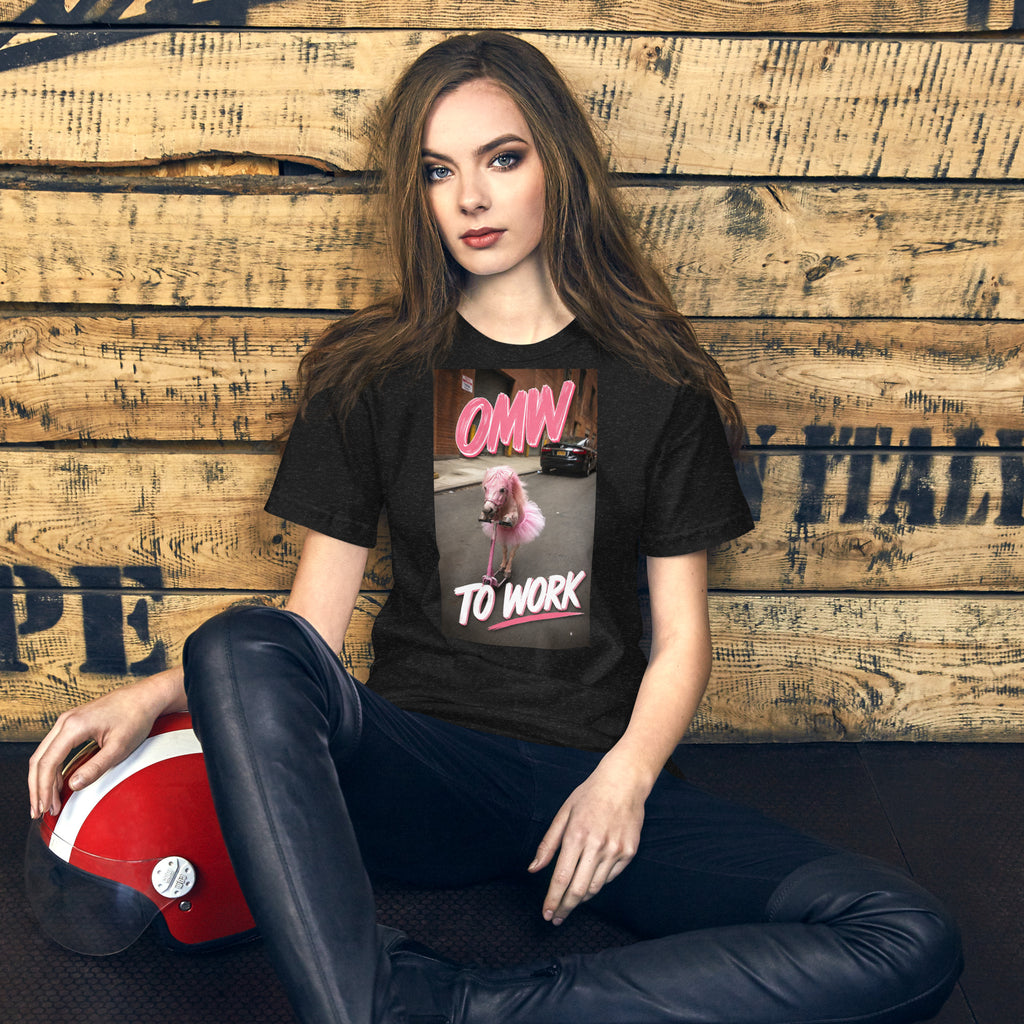 OMW to Work tee in black heather, front view on model