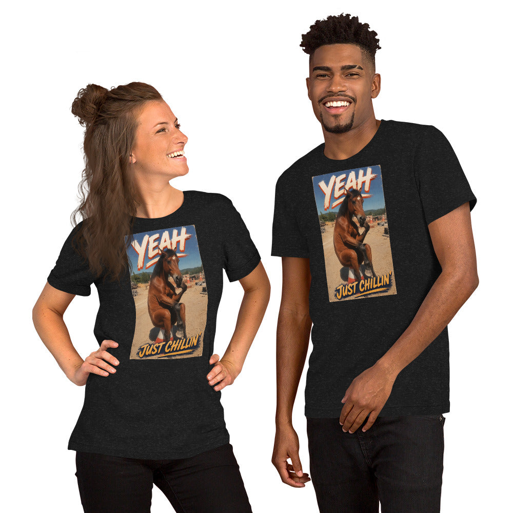 Just Chillin' tee in black heather, horse at the beach print, front view