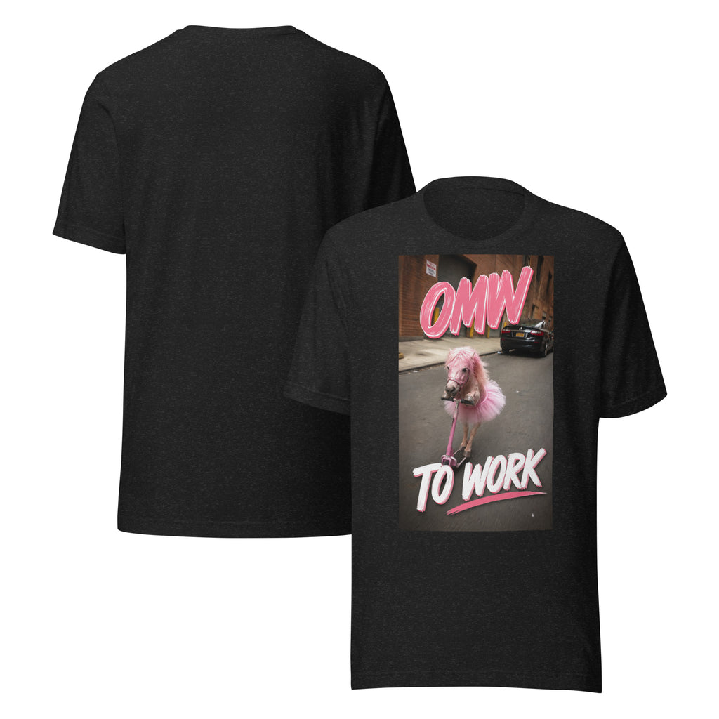 OMW to Work tee in black heather, front and back view