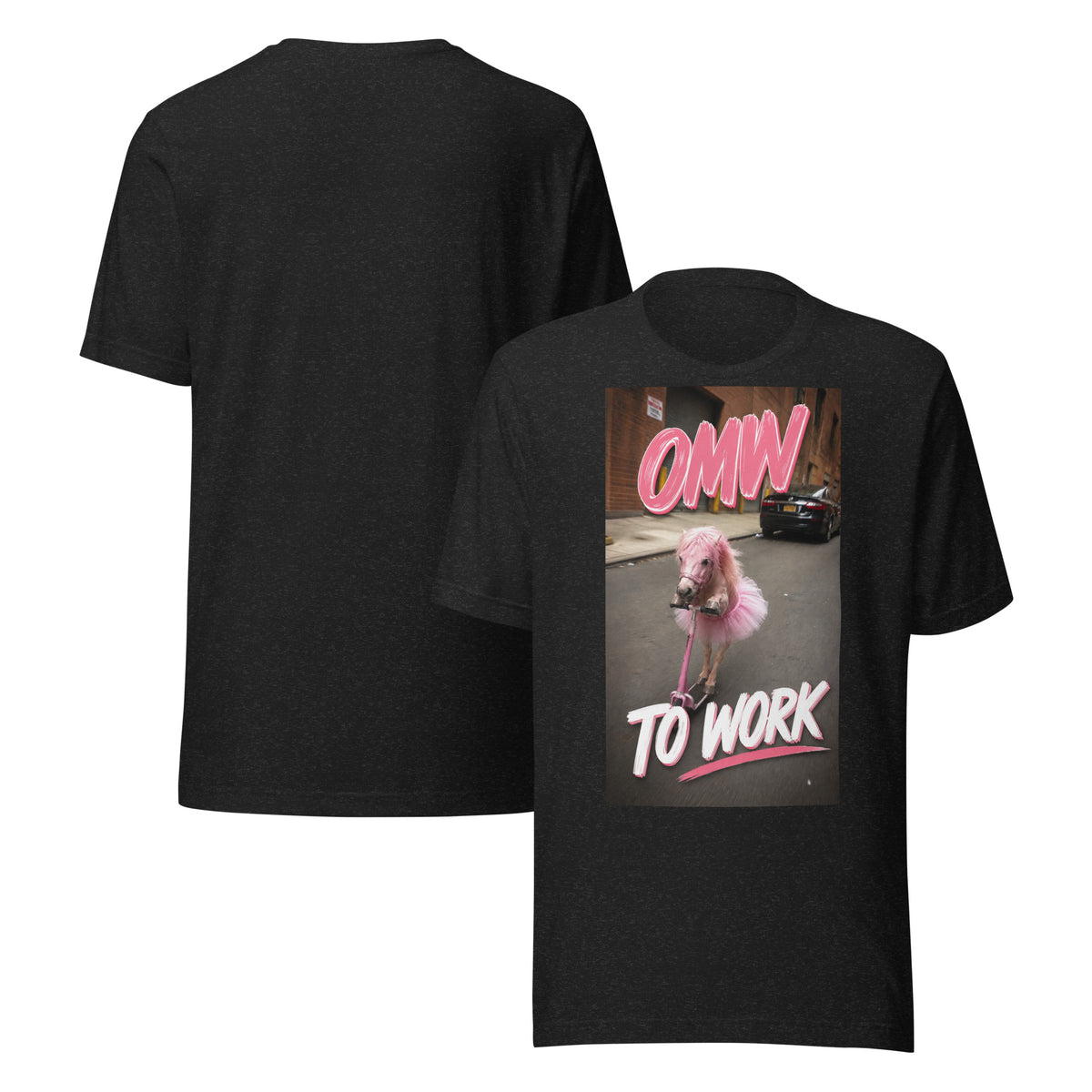 OMW to Work tee in black heather, front and back view