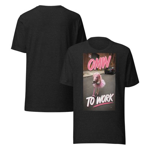 OMW to Work tee in black heather, front and back view