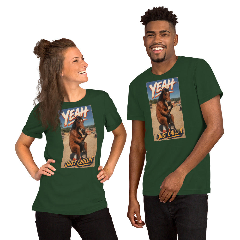 Just Chillin' tee in forest green, horse at the beach print, front view