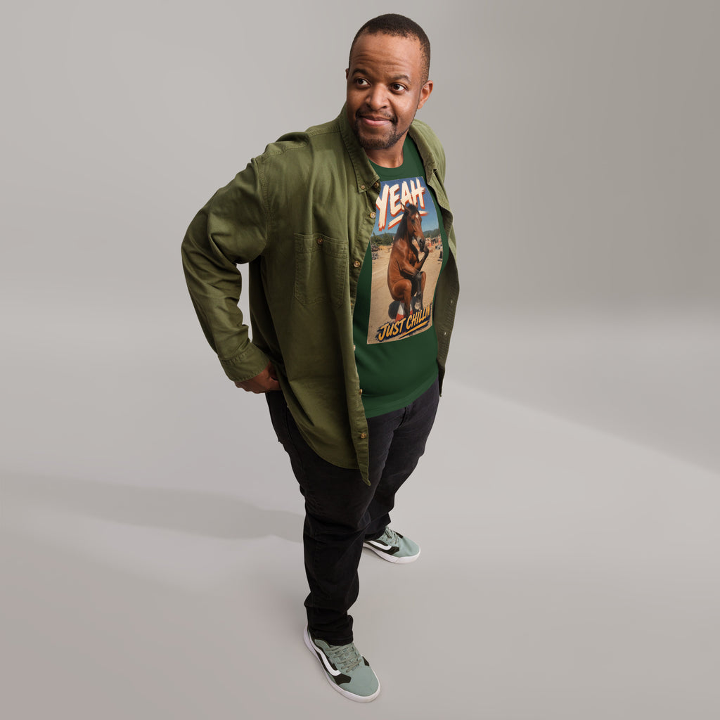 Just Chillin' tee in forest green, front view on model