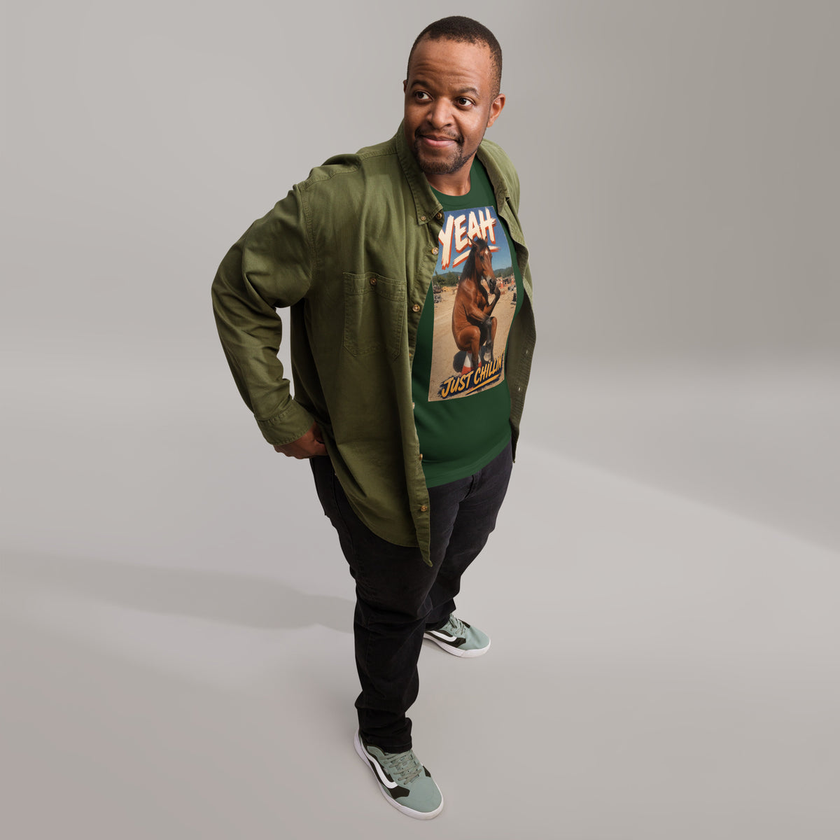 Just Chillin' tee in forest green, front view on model