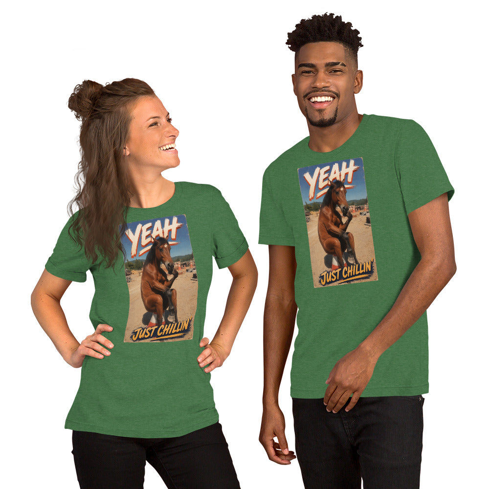 Just Chillin' tee in heather grass green, front view