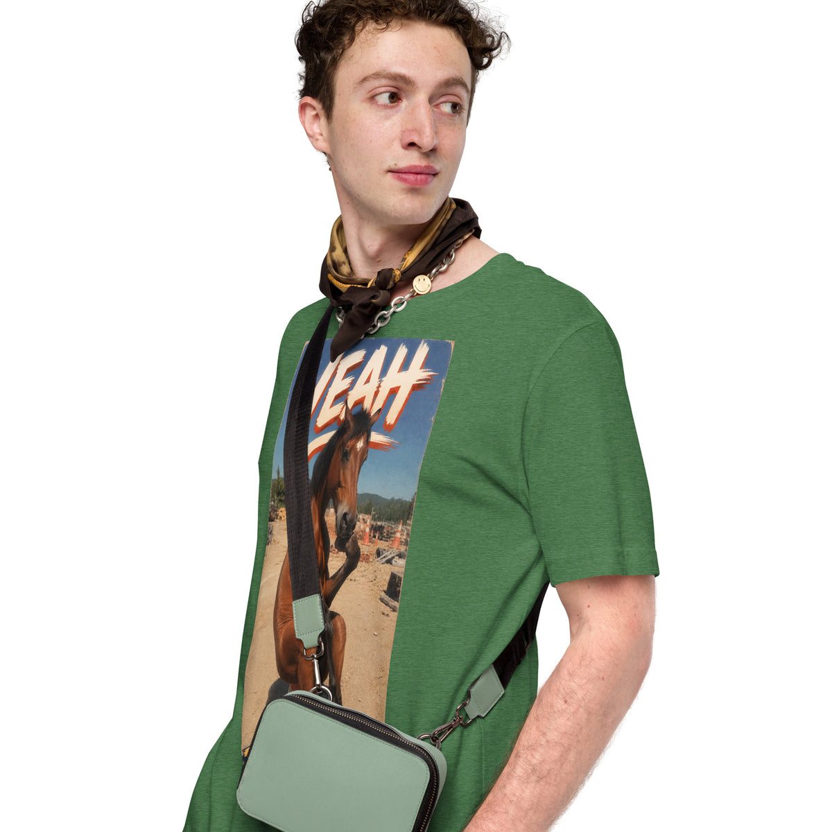 Just Chillin' tee in heather grass green, side view