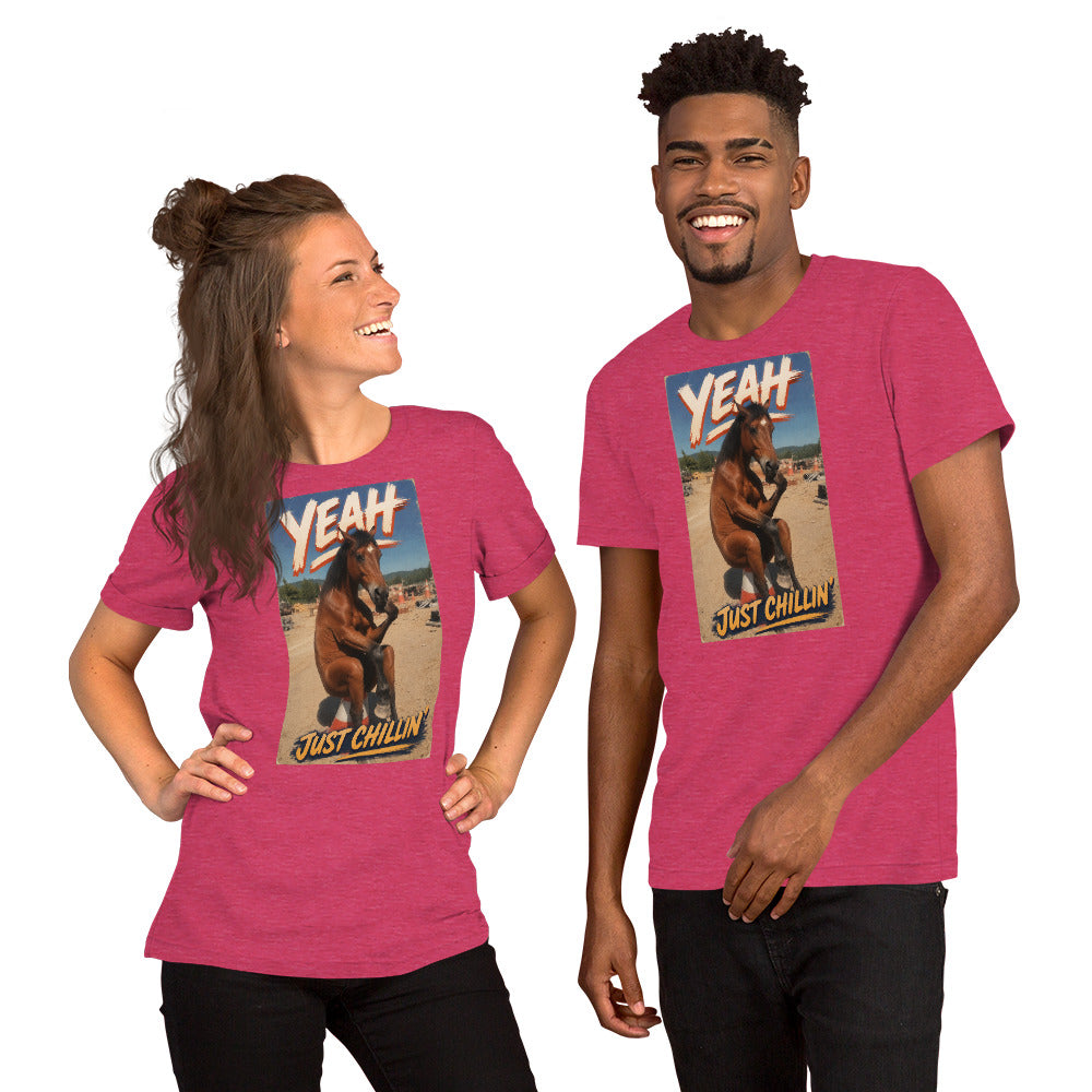 Just Chillin' tee in heather raspberry, front view