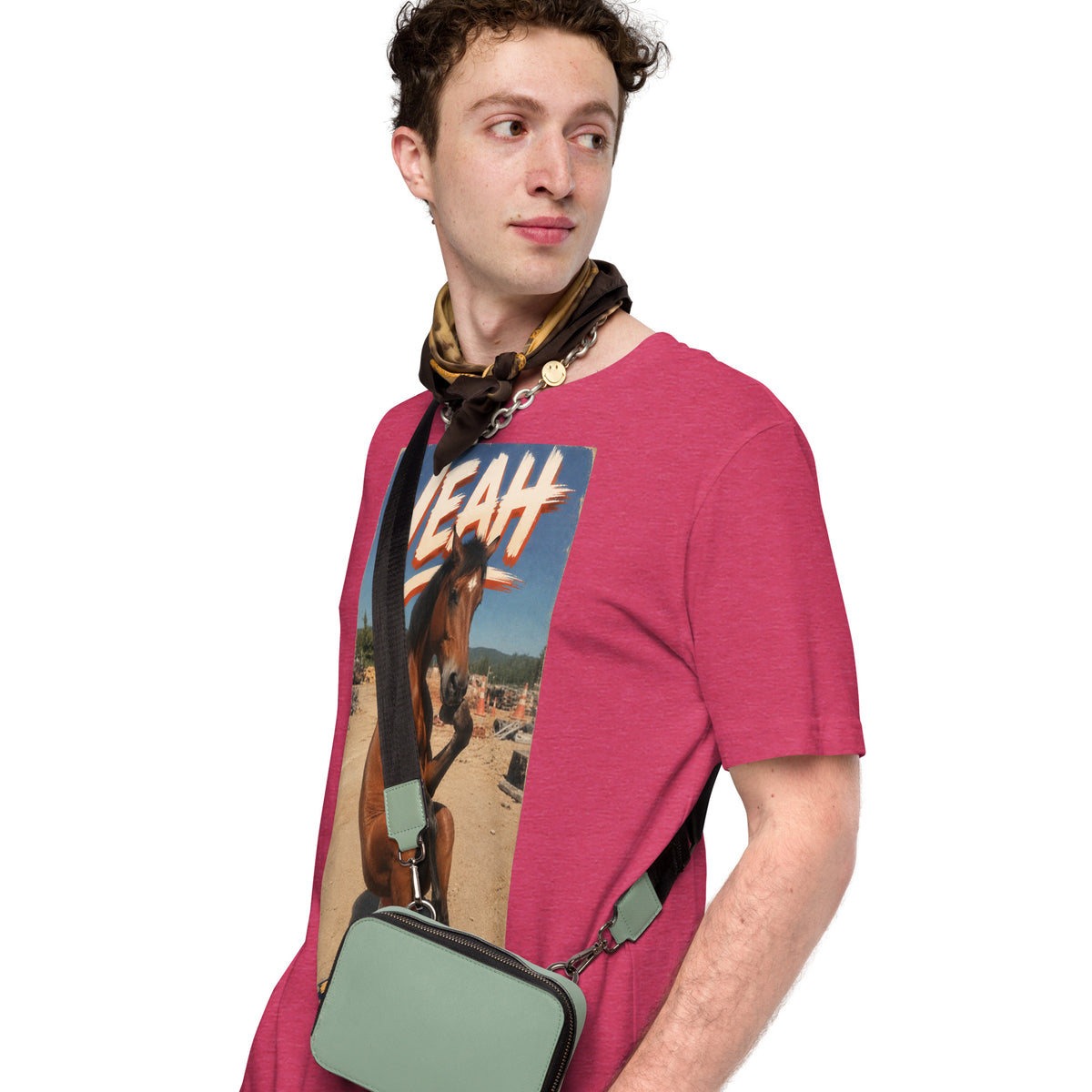 Just Chillin' tee in heather raspberry, side view
